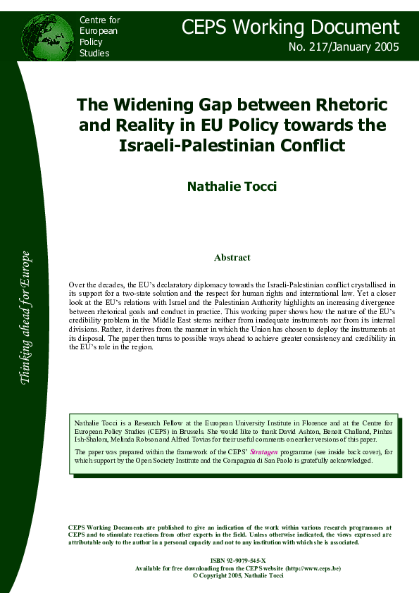 First page of “The Widening Gap between Rhetoric and Reality in EU Policy towards the Israeli-Palestinian Conflict”