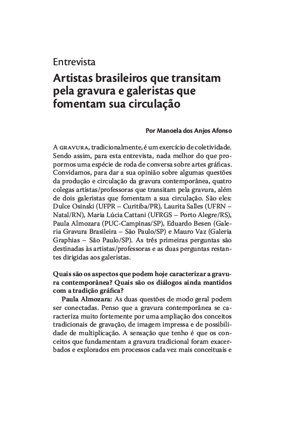 First page of “Entrevista: Artistas brasileiros que transitam pela gravura e galeristas que fomentam sua circulação”