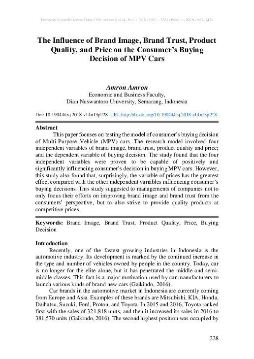 First page of “The Influence of Brand Image, Brand Trust, Product Quality, and Price on the Consumer's Buying Decision of MPV Cars”