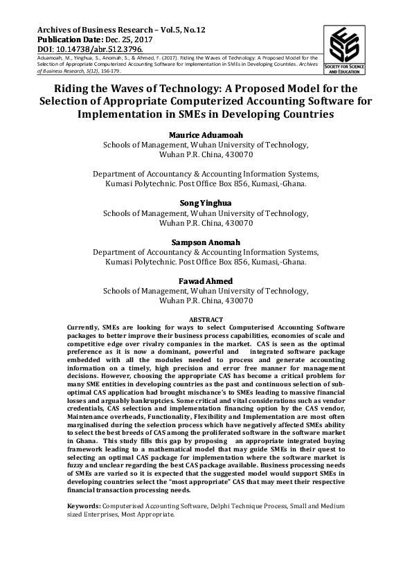 First page of “Riding the Waves of Technology: A Proposed Model for the Selection of Appropriate Computerized Accounting Software for Implementation in SMEs in Developing Countries”