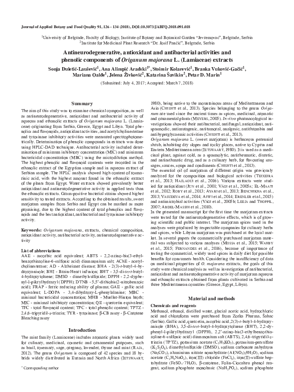 First page of “Antineurodegenerative, antioxidant and antibacterial activities and phenolic components of Origanum majorana L. (Lamiaceae) extracts”