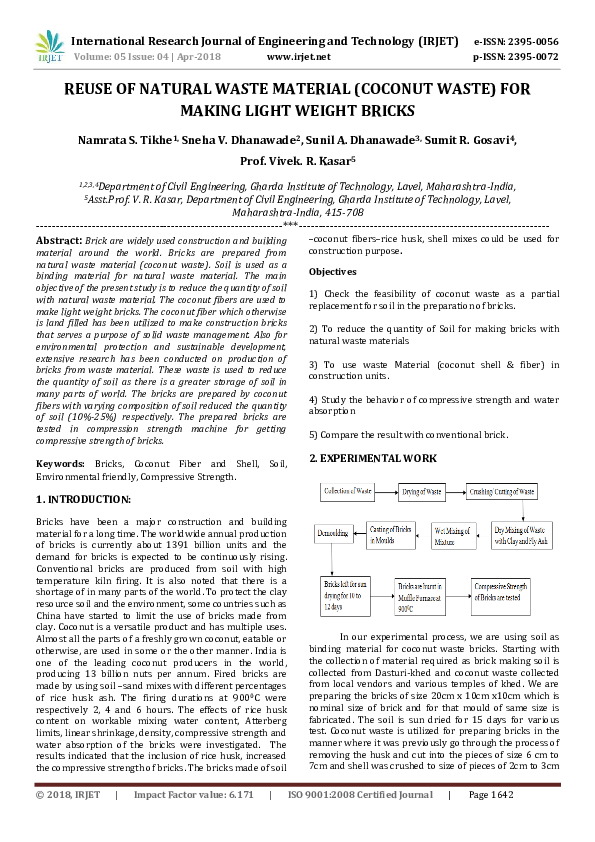 First page of “REUSE OF NATURAL WASTE MATERIAL (COCONUT WASTE) FOR MAKING LIGHT WEIGHT BRICKS”