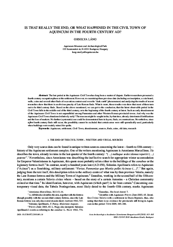 First page of “Is that really the end or what happened in the Civil Town of Aquincum in the fourth century AD?”