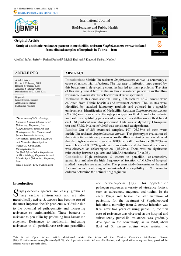 First page of “Study of antibiotic resistance pattern in methicillin-resistant Staphylococcus aureus isolated from clinical samples of hospitals in Tabriz – Iran”