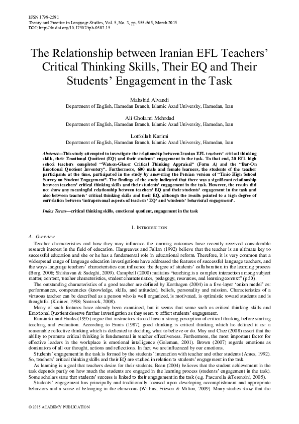 First page of “The Relationship between Iranian EFL Teachers’ Critical Thinking Skills, Their EQ and Their Students’ Engagement in the Task”