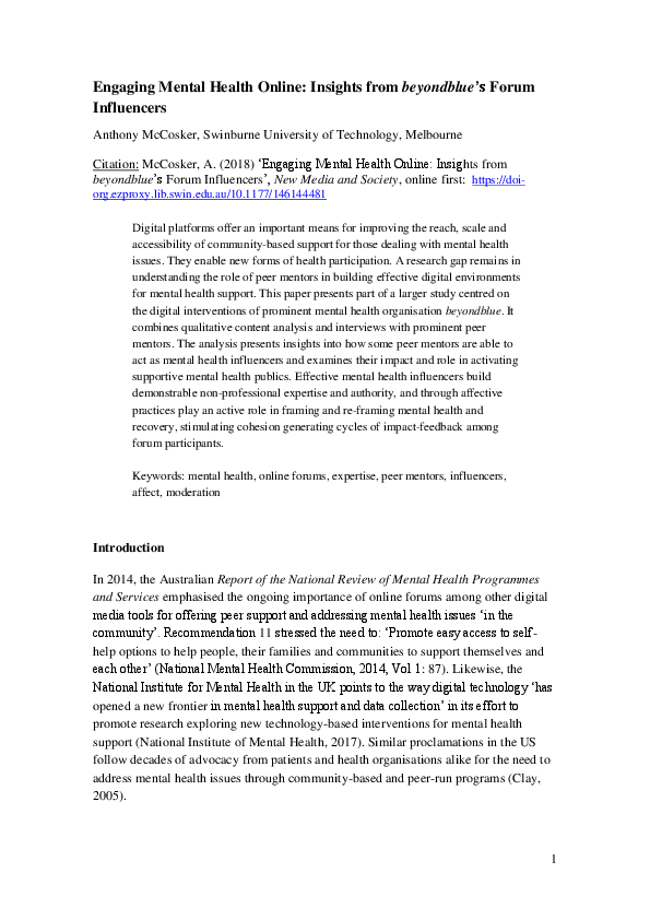 First page of “Engaging Mental Health Online: Insights from beyondblue's Forum Influencers (2018, New Media & Society)”