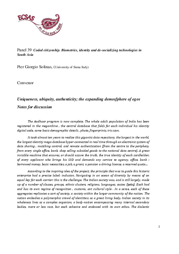 First page of “Coded citizenship. Biometrics, identity and de-socializing technologies in South Asia”