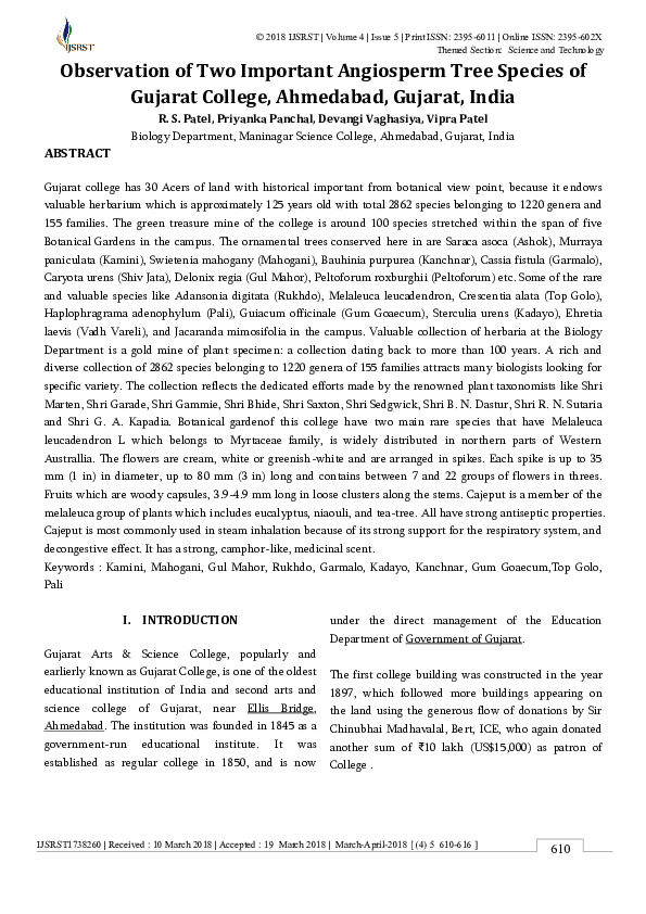 First page of “Observation of Two Important Angiosperm Tree Species of Gujarat College, Ahmedabad, Gujarat, India”