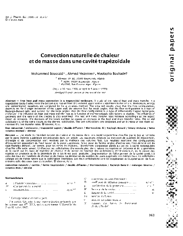 First page of “Convection naturelle de chaleur et de masse dans une cavit� trap�zo�dale”