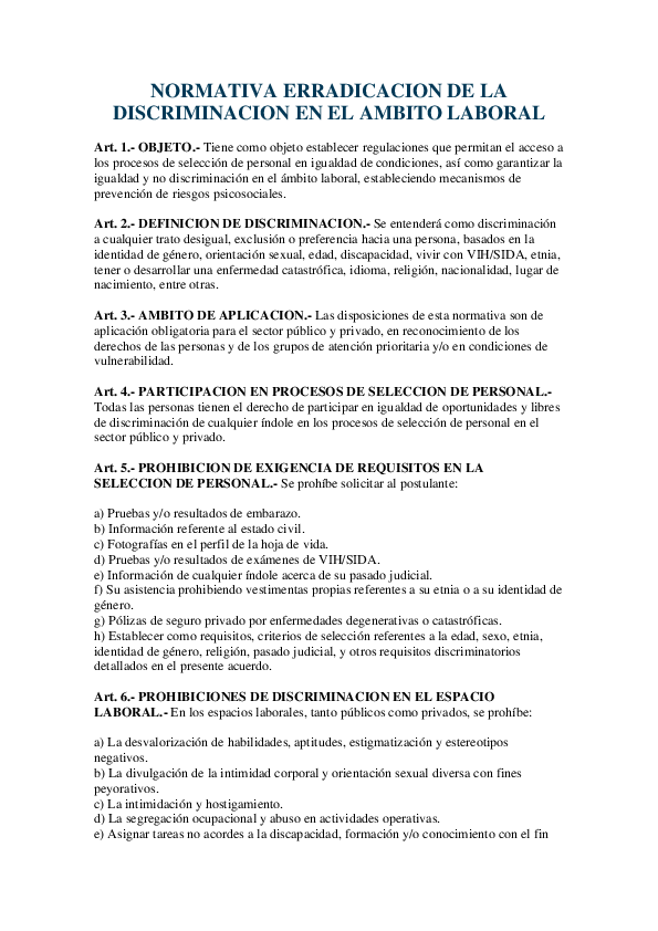 First page of “NORMATIVA ERRADICACION DE LA DISCRIMINACION EN EL AMBITO LABORAL”