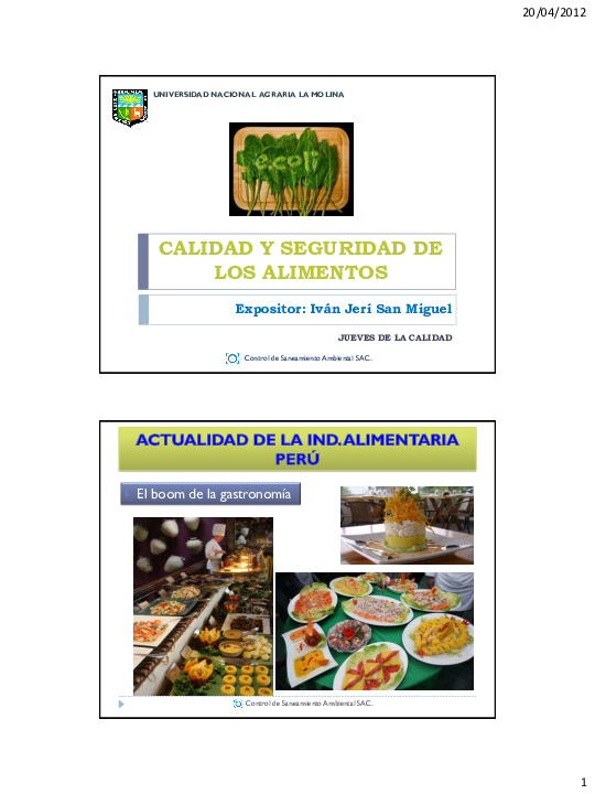 First page of “CALIDAD Y SEGURIDAD DE LOS ALIMENTOS”