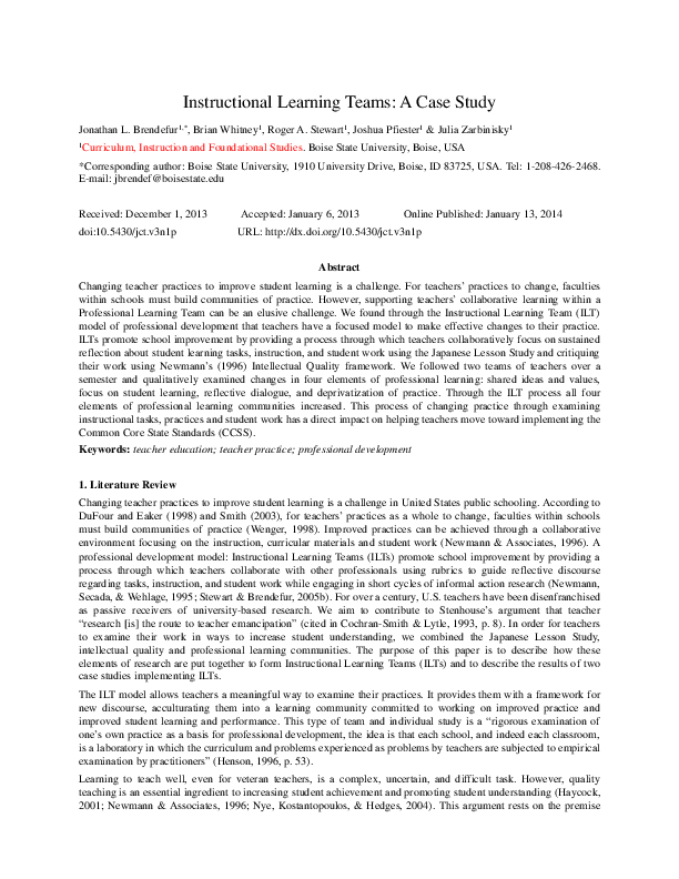 First page of “Instructional Learning Teams: A Case Study”