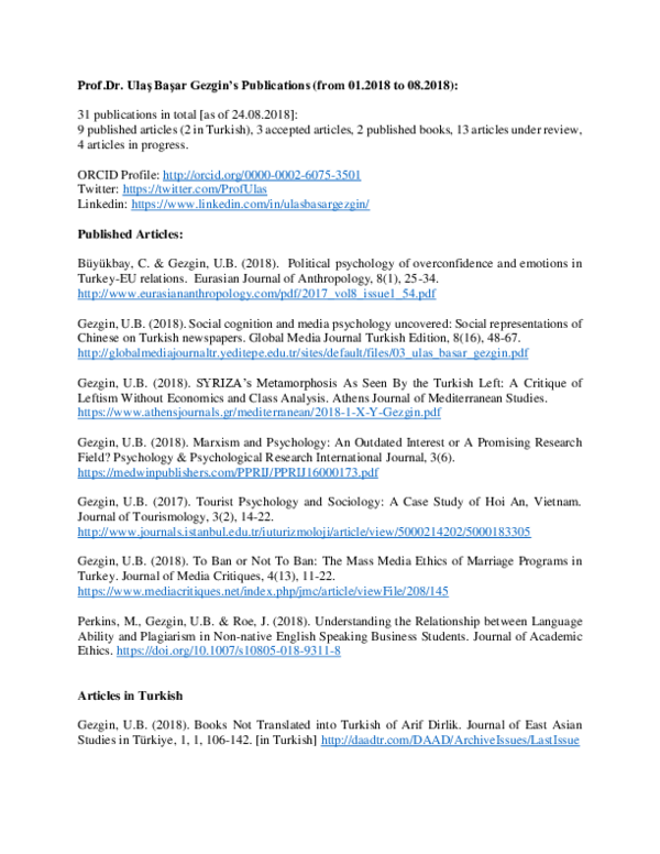 First page of “Prof Dr Ulas Basar Gezgins Research Output 2018 01 07 public”