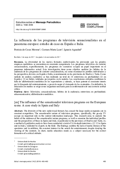 First page of “LA INFLUENCIA DE LOS PROGRAMAS DE TELEVISIÓN SENSACIONALISTAS EN EL PANORAMA EUROPEO: ESTUDIO DE CASO EN ESPAÑA E ITALIA”