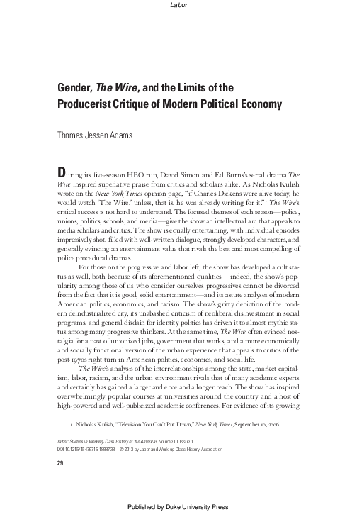 First page of “Gender, The Wire, and the Limits of the Producerist Critique of Modern Political Economy”