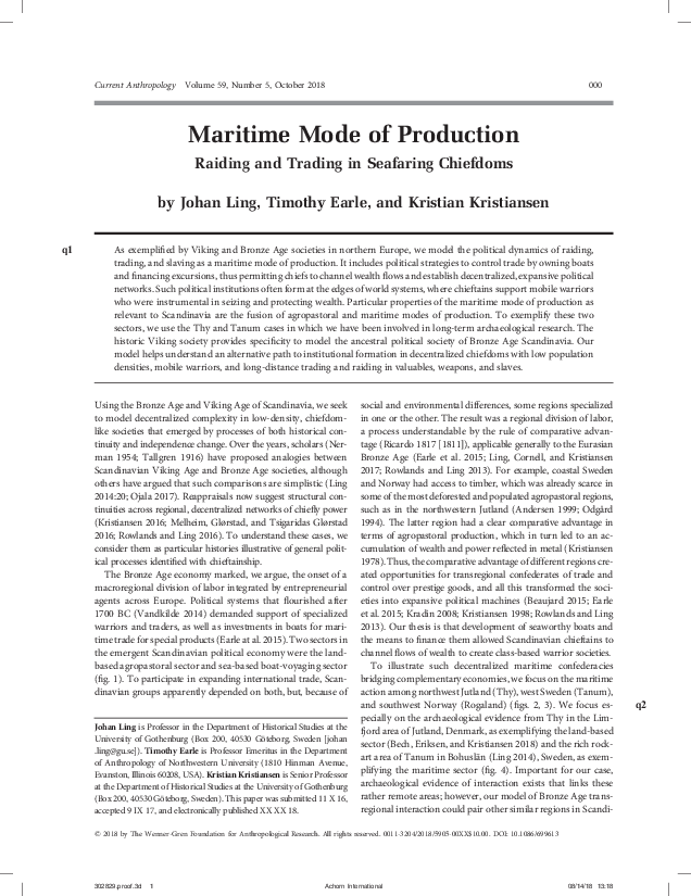 First page of “Maritime Mode of Production Raiding and Trading in Seafaring Chiefdoms”