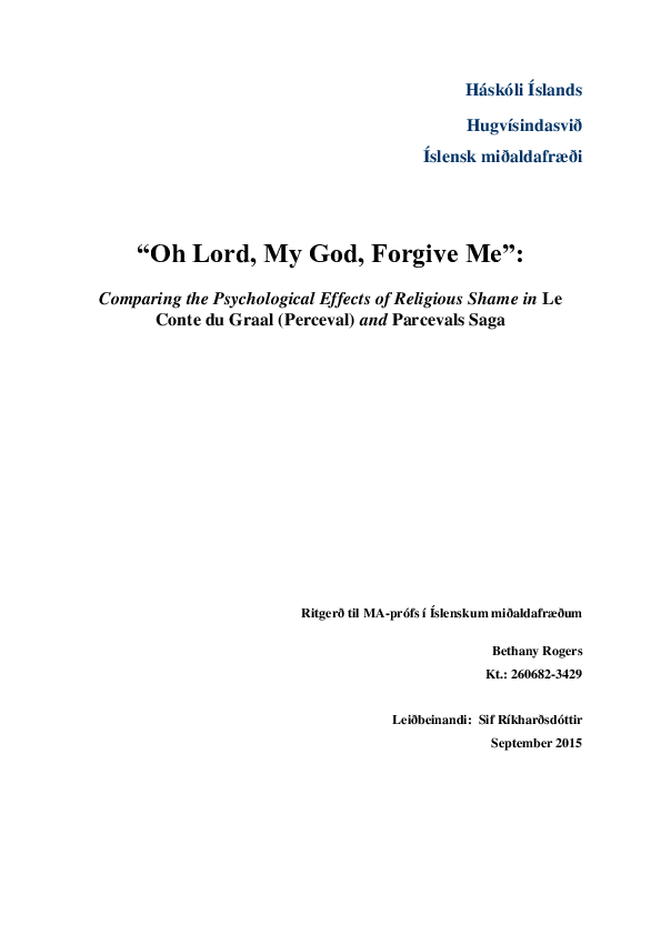 First page of “"Oh Lord, My God, Forgive Me ": Comparing the Psychological Effects of Religious Shame in Le Conte du Graal (Perceval) and Parcevals Saga”