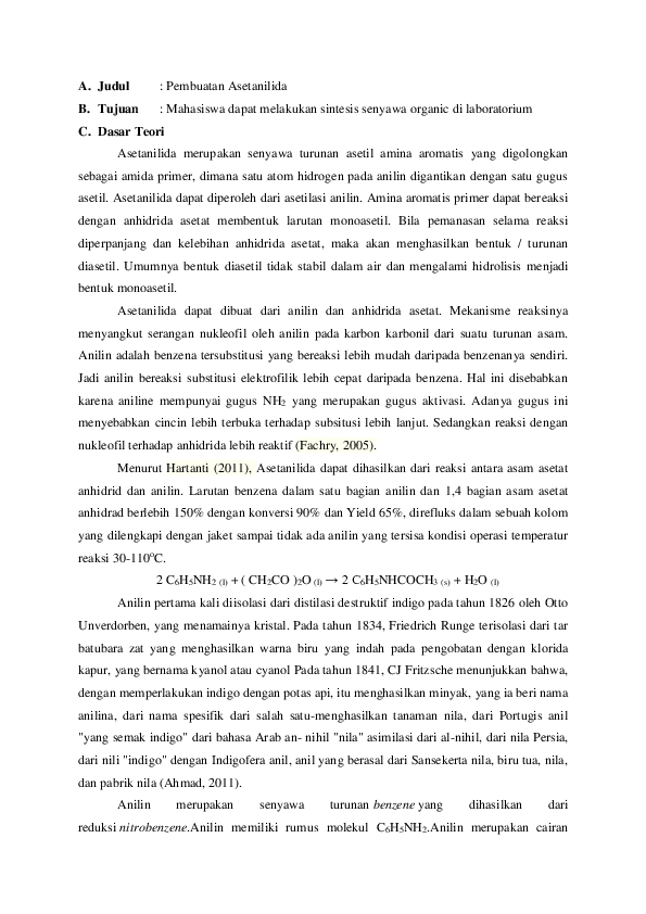 First page of “Laporan praktikum kimia organik sintesis modul 1 (Pembuatan Asetanilida).docx”