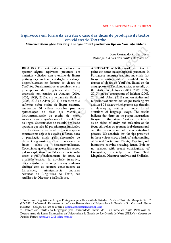 First page of “EQUÍVOCOS EM TORNO DA ESCRITA: O CASO DAS DICAS DE PRODUÇÃO DE TEXTOS EM VÍDEOS DO YOUTUBE”