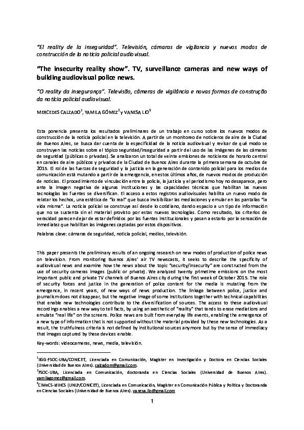 First page of “El reality de la inseguridad. Televisión, cámaras de vigilancia y nuevos modos de construcción de la noticia policial audiovisual.”