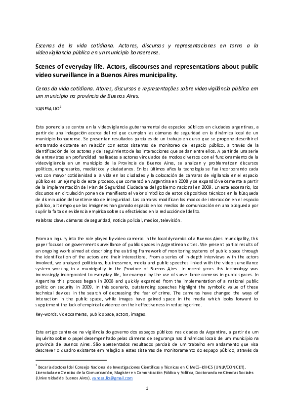 First page of “Escenas de la vida cotidiana. Actores, discursos y representaciones en torno a la videovigilancia pública en un municipio bonaerense.”