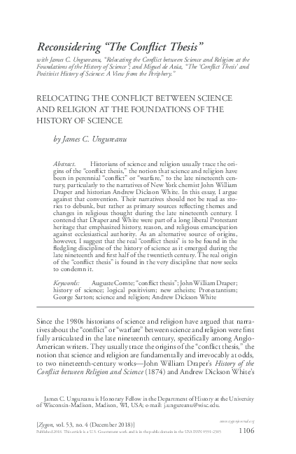 First page of “"Relocating the Conflict between Science and Religion" Zygon: Journal of Religion and Science, vol. 53, no. 4 (2018): 1106-1130.”