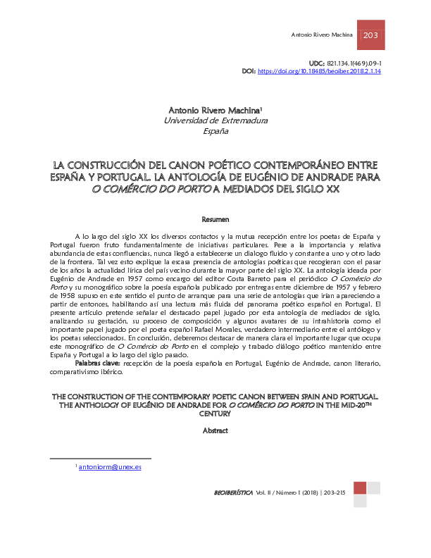 First page of “La construcción del canon poético contemporáneo entre España y Portugal. La antología de Eugénio de Andrade para 'O Comércio do Porto' a mediados del siglo XX”