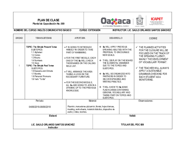 First page of “Plan de Clase Inglés Básico.docx”