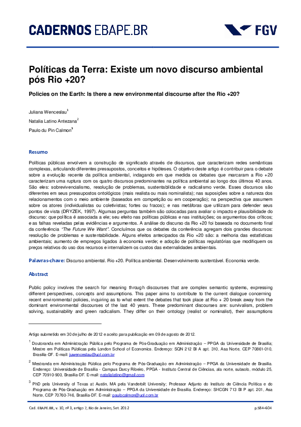 First page of “Políticas da Terra: existe um novo discurso ambiental pós Rio +20?”