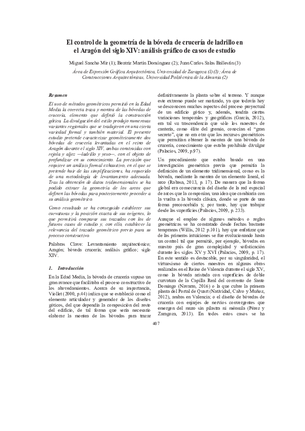 First page of “El control de la geometría de la bóveda de crucería de ladrillo en el Aragón del siglo XIV: análisis gráfico de casos de estudio”