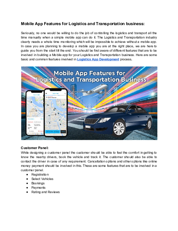 First page of “Mobile App Features for  Logistics and Transportation business”