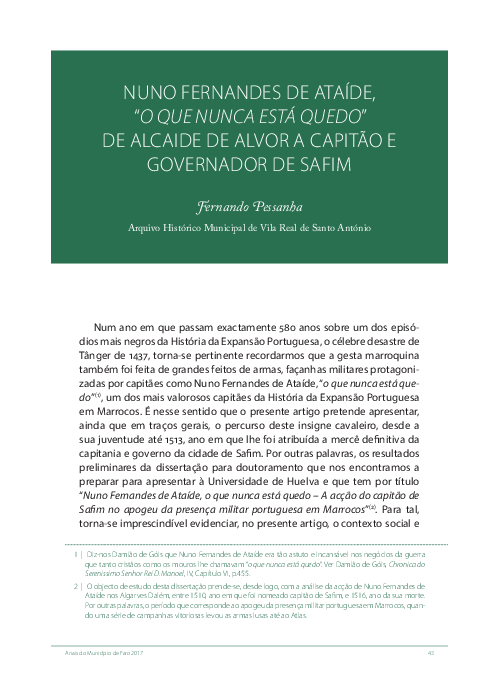 First page of “"Nuno Fernandes de Ataíde, "o que nunca esta quedo" - De alcaide de Alvor a capitão e governador de Safim”