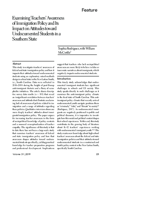 First page of “Examining Teachers' Awareness of Immigration Policy and Its Impact on Attitudes toward Undocumented Students in a Southern State”