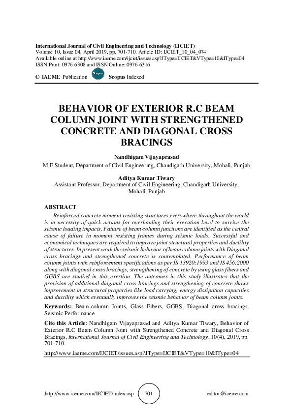 First page of “BEHAVIOR OF EXTERIOR R.C BEAM COLUMN JOINT WITH STRENGTHENED CONCRETE AND DIAGONAL CROSS BRACINGS”