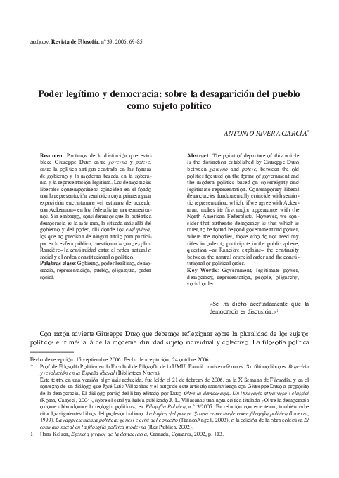 First page of “Poder legítimo y democracia: sobre la desaparición del pueblo como sujeto político”