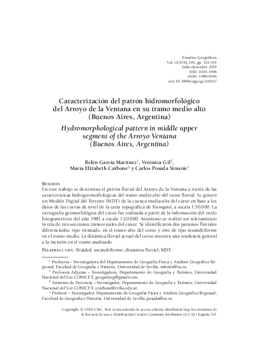 First page of “Caracterización del patrón hidromorfológico del Arroyo de la Ventana en su tramo medio alto (Buenos Aires, Argentina) Hydromorphological pattern in middle upper segment of the Arroyo Ventana (Buenos Aires, Argentina”