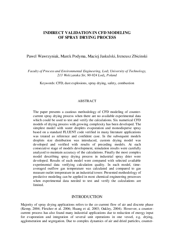 First page of “INDIRECT VALIDATION IN CFD MODELING OF SPRAY DRYING PROCESS”