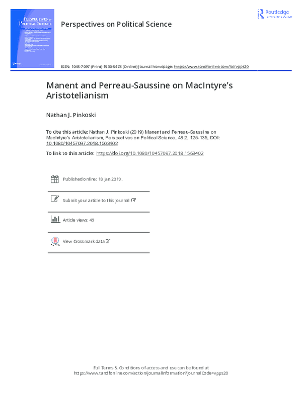 First page of “Manent and Perreau Saussine on MacIntyre's Aristotelianism”