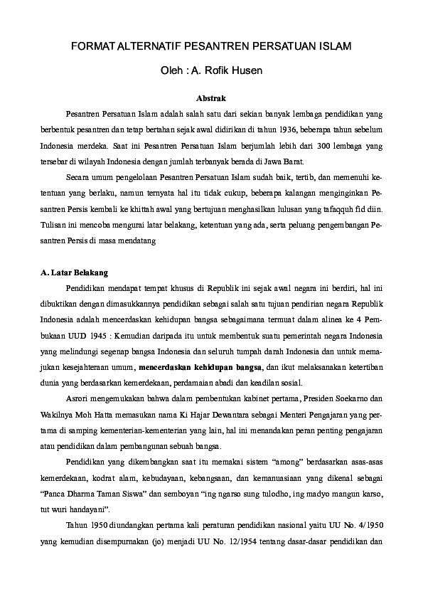 First page of “FORMAT ALTERNATIF PESANTREN PERSATUAN ISLAM”