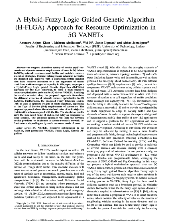 First page of “A Hybrid-Fuzzy Logic Guided Genetic Algorithm (H-FLGA) Approach for Resource Optimization in 5G VANETs”