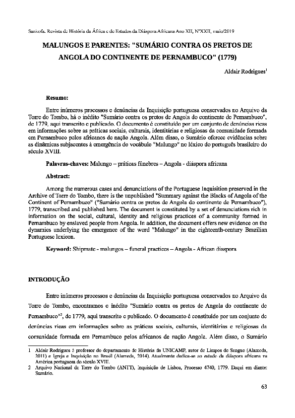 First page of “Malungos e Parentes: "sumário contra os pretos de Angola do continente de Pernambuco" (1779)”