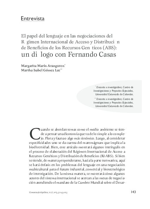 First page of “El papel del lenguaje en las negociaciones del Régimen Internacional de Acceso y Distribución de Beneficios de los Recursos Genéticos (ABS): un diálogo con Fernando Casas”