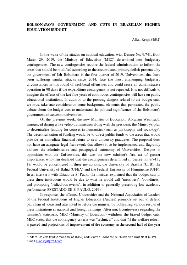 First page of “BOLSONARO AND THE CUTS IN HIGHER EDUCATION”