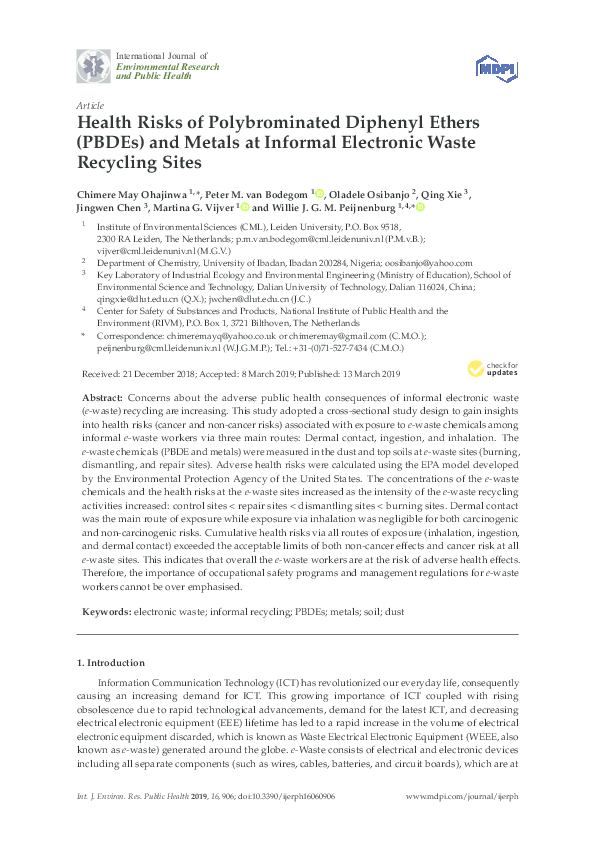 First page of “Health Risks of Polybrominated Diphenyl Ethers (PBDEs) and Metals at Informal Electronic Waste Recycling Sites”