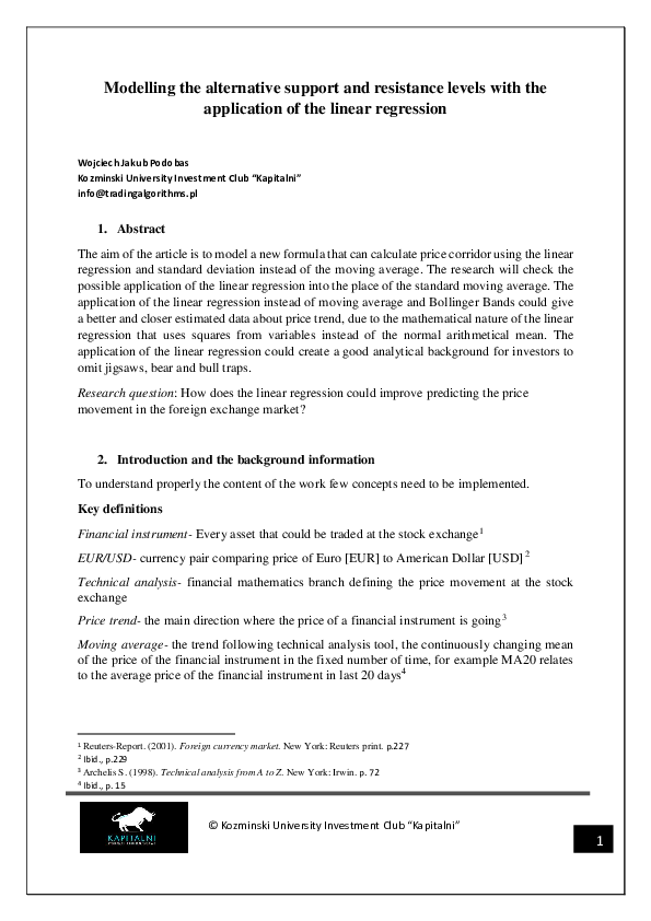 First page of “Modelling the alternative support and resistance levels with the application of the linear regression”