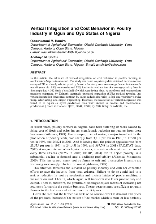 First page of “Vertical integration and cost behavior in poultry industry in Ogun and Oyo States of Nigeria”