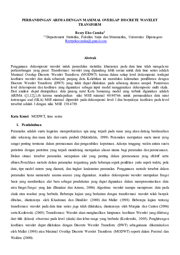 First page of “PERBANDINGAN ARIMA DENGAN MAXIMAL OVERLAP DISCRETE WAVELET TRANSFORM”