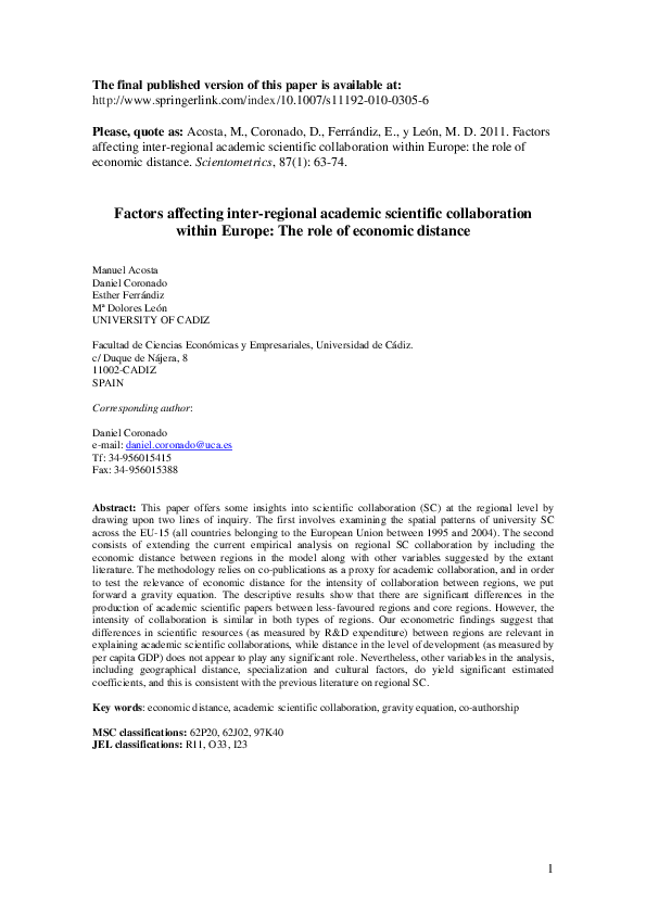 First page of “Factors affecting inter-regional academic scientific collaboration within Europe: the role of economic distance”