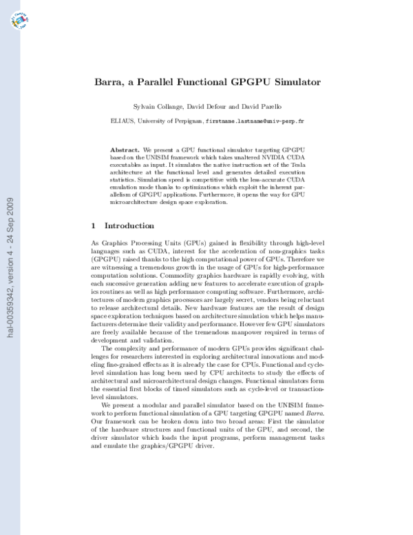 First page of “Barra: A Parallel Functional Simulator for GPGPU”