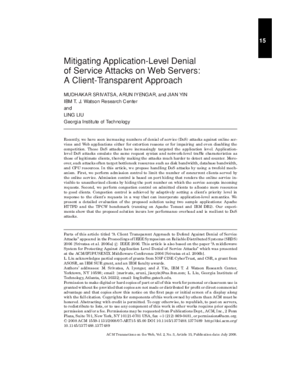 First page of “Mitigating application-level denial of service attacks on Web servers”